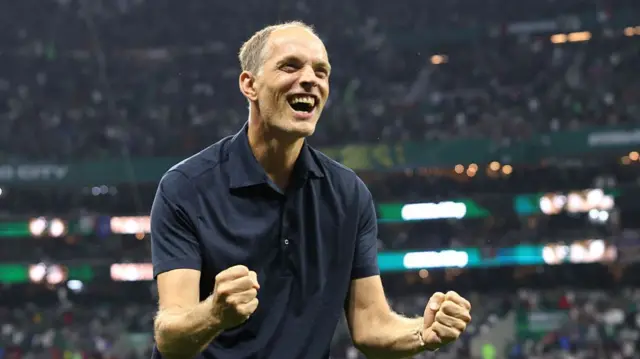 Thomas Tuchel, Manager of England, celebrates after the team's 3-2 victory during the FIFA World Cup 2026 Round of 16 match between Mexico and England at Mexico City Stadium on July 05, 2026 in Mexico City, Mexico. (