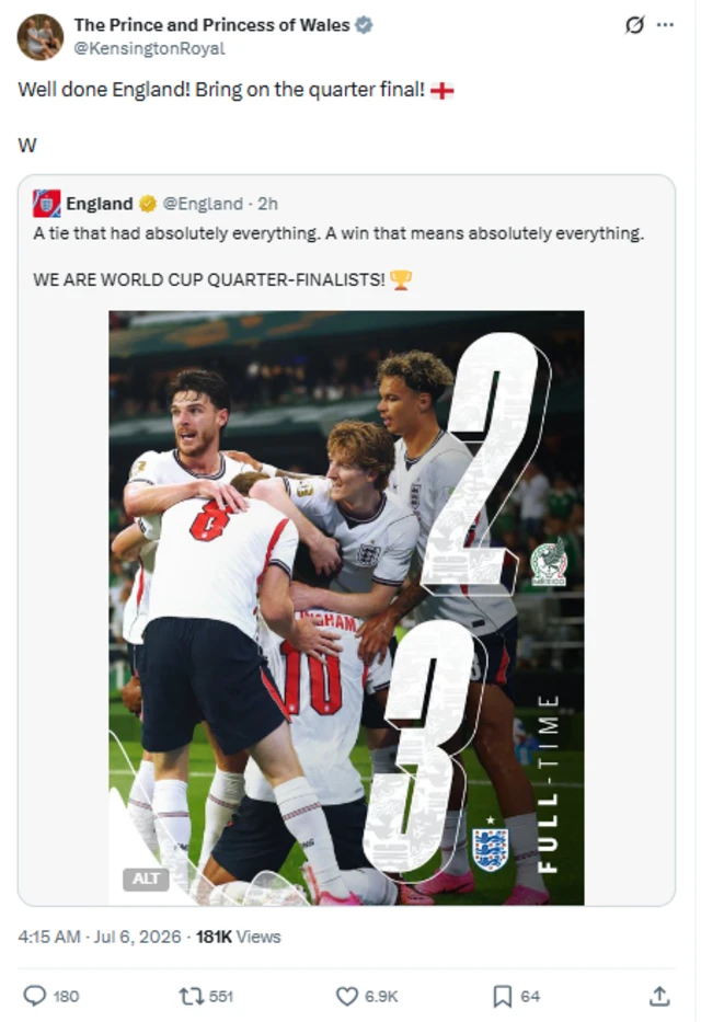 A social media post from the Prince and Princess of Wales which says 'Well done England! Bring on the quarter final. W'