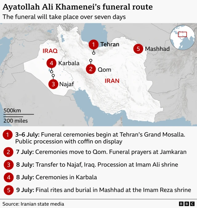 A map shows the locations in Iran and Iraq where the funeral celebrations will be found.