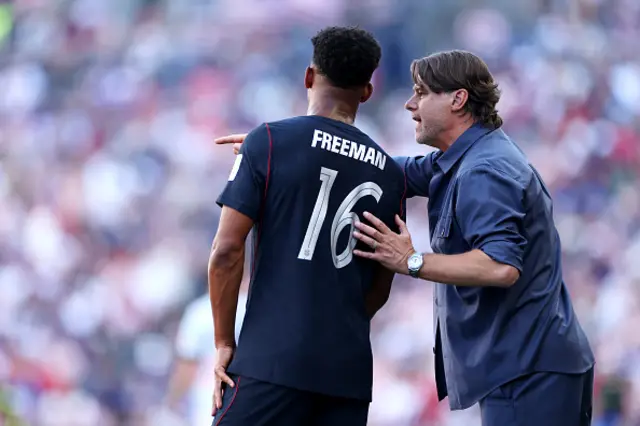 Mauricio Pochettino, Head Coach of the United States, gives instruction to Alex Freeman