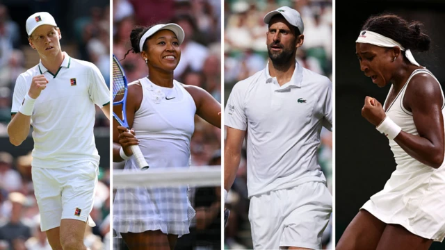 Split image of Jannik Sinner, Naomi Osaka, Novak Djokovic, and Coco Gauff