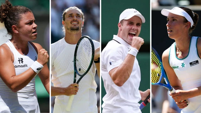 Split image of Jasmine Paolini, Alexander Zverev, Arthur Fery, and Elise Mertens