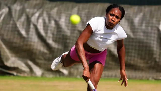 Coco Gauff serves during a practice session