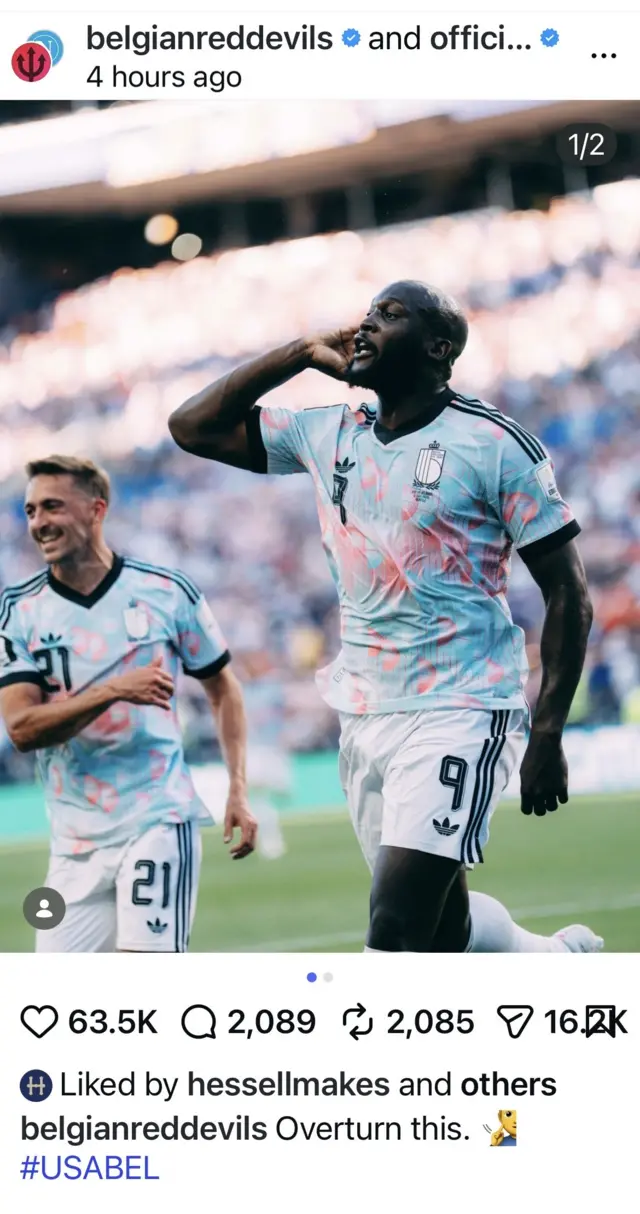 Instagram post from @belgianreddevils featuring photo of Romelu Lukaku celebrating and caption 'overturn this'