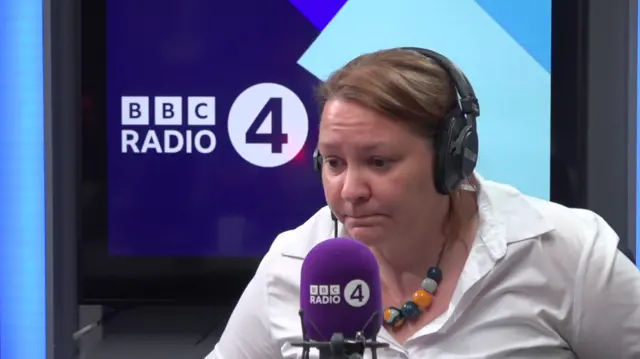 Anna Turley sits in the BBC Radio 4 studio while wearing a white blouse.