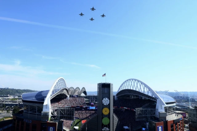 General view during a military fly-over outside the stadium