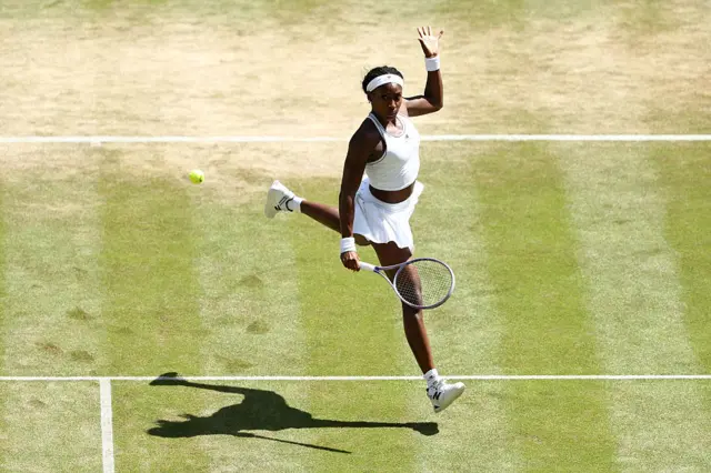 Coco Gauff of United States plays a backhand slice