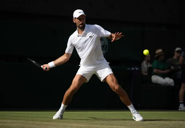 Novak Djokovic about to strike a tennis ball with his racquet