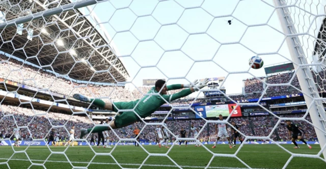 Belgium's Thibaut Courtois in action after a shot