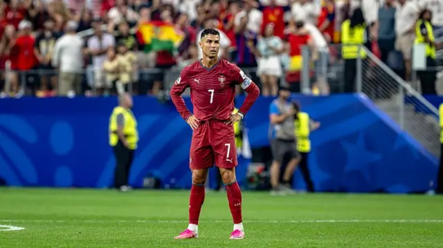 Cristiano Ronaldo of Portugal reacts after Spain scores a goal during the 2026 World Cup match between Portugal and Spain at Dallas Stadium in Dallas, United States, on July 6, 2026.
