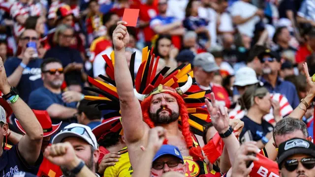 Red devils fan Obelgix Nicolas Dardenne pictured at the start of a soccer game between the USA and Belgian national team Red Devils, on Monday 06 July 2026, at the Seattle Field, in Seattle, a 1/8 finals game in the FIFA World Cup 2026.