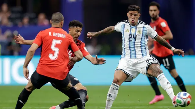 Hamdy Fathy of Egypt, Enzo Fernandez of Argentina during the World Cup match between Argentina v Egypt at the Atlanta Stadium on July 7, 2026 in Atlanta United States