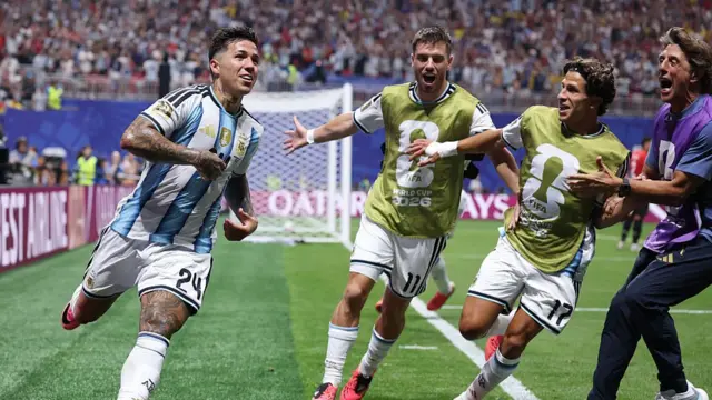 Enzo Fernandez #24 of Argentina celebrates with teammates after scoring the team's third goal during the FIFA World Cup 2026 Round of 16 match between Argentina and Egypt at Atlanta Stadium on July 07, 2026 in Atlanta, Georgia