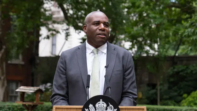 Deputy Prime Minister David Lammy in a dark grey suit, white shirt and pastel green tie delivers a speech from behind a wooden lectern fronted by a black medallion with the symbol of the UK Government. He's in a garden