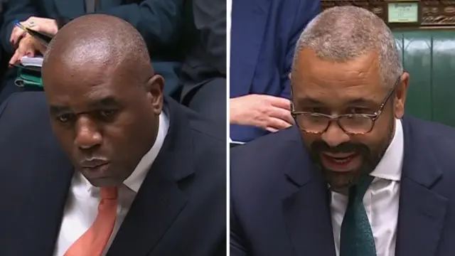 Composite image of David Lammy (L) and James Cleverly (R) both mid speech in suits, delivering remarks in the House of Commons