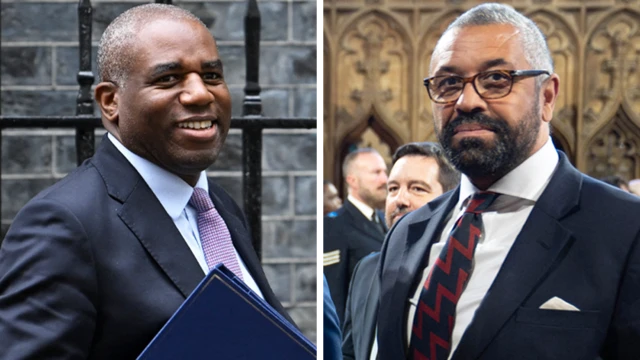 Composite image of David Lammy (L) smiling as he walks outside No 10 holding a blue folder and James Cleverly (R) in a suit standing inside the Houses of Parliament