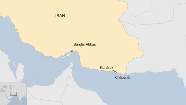 Map highlighting Iran and the cities of Bandar Abbas, Konarak and Chabahar