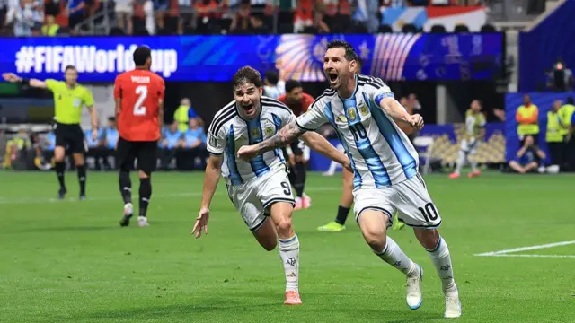 Lionel Messi #10 of Argentina celebrates scoring his team's second goal during the FIFA World Cup 2026 Round of 16 match between Argentina and Egypt at Atlanta Stadium on July 07, 2026 in Atlanta, Georgia