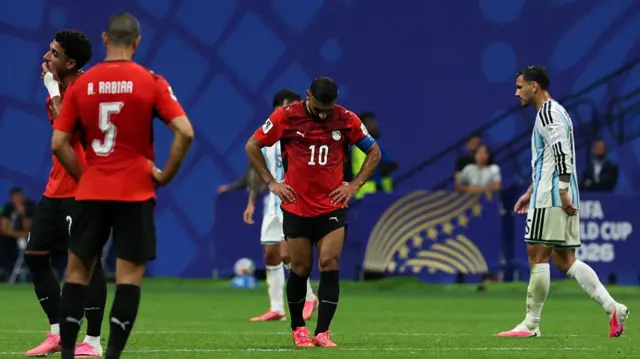 Mohamed Salah #10 of Egypt shows his dejection during the FIFA World Cup 2026 Round of 16 match between Argentina and Egypt at Atlanta Stadium on July 07, 2026 in Atlanta, Georgia.