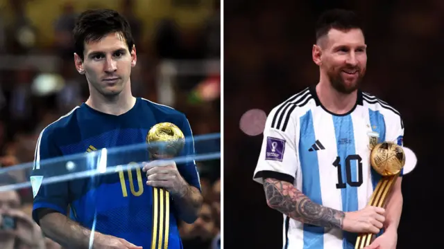 Photos of Lionel Messi with the Golden Ball in 2014 and 2022