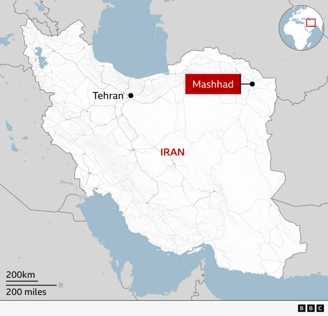Map of Iran showing the capital, Tehran, in the north-central part of the country and Mashhad in the northeast near the border with Afghanistan and Turkmenistan. An inset map highlights Iran's location in the Middle East.