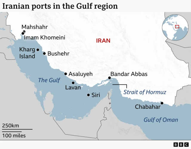 Suggested alt text: Map titled “Iranian ports in the Gulf region” showing the southern coastline of Iran along the Persian Gulf and the Gulf of Oman. Labeled Iranian ports include Mahshahr, Imam Khomeini, Kharg Island, Bushehr, Asaluyeh, Lavan, Siri, Bandar Abbas, and Chabahar. The Strait of Hormuz is marked between the Gulf and the Gulf of Oman. Iran is highlighted in light grey, surrounding waters in blue, with a distance scale in kilometers and miles.