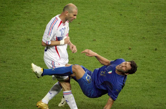 A photo taken 09 July 2006 shows French midfielder Zinedine Zidane (L) gesturing after head-butting Italian defender Marco Materazzi