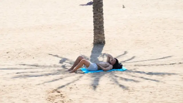 A young man wearing just his short lies on a towel under a palm tree on a beach in Barcelona