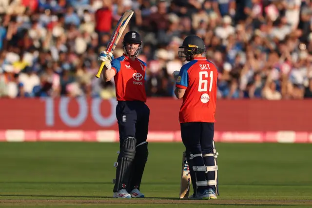 Harry Brook celebrates his half-century