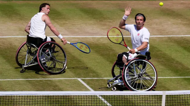 Alfie Hewett and Gordon Reid in wheelchair doubles action at Wimbledon