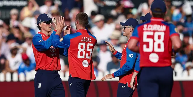 Will Jacks celebrates the wicket of India's Shivam Dube