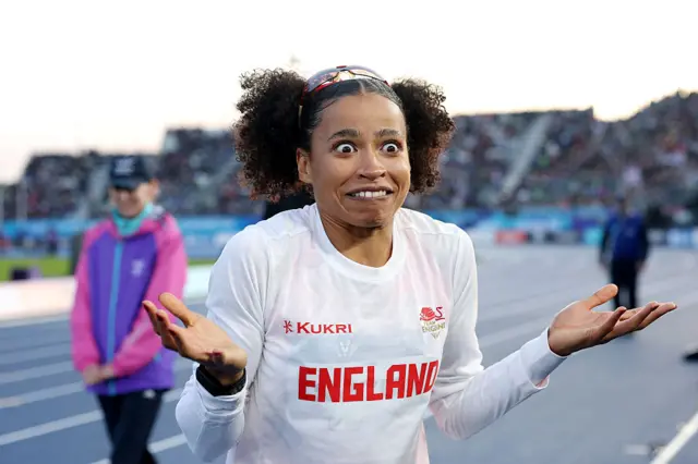 Jazmin Sawyers of Team England reacts after winning the Woman's Long Jump Final