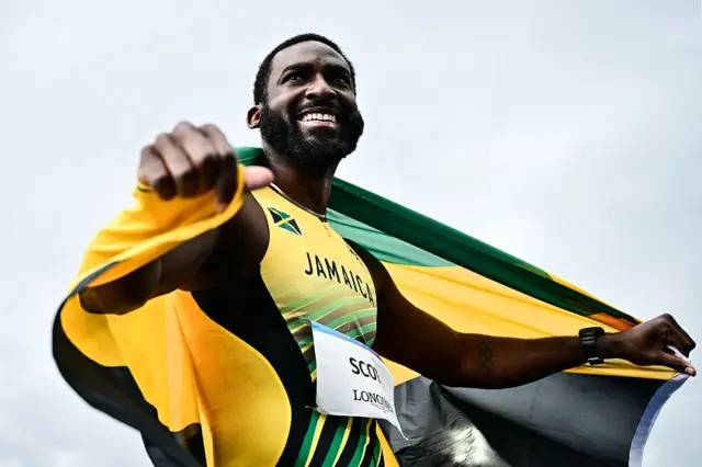 Jamaica's Jordan Scott celebrates winning men's triple jump at 2026 Commonwealth Games