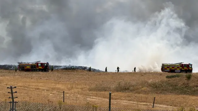 Dry grass behind a metal fence. In the background are two red and yellow fire engines, and firefighters, and white smoke behind them.