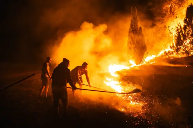 Figures of men on the left try and bat down wildfires spreading through grassland in Serbia