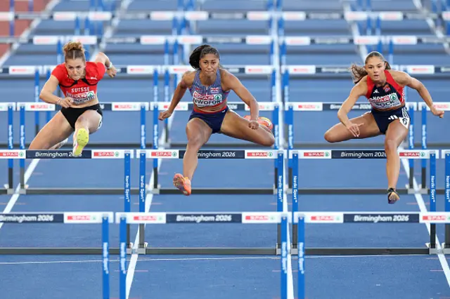 Selina von Jackowski of Team Switzerland, Emma Nwofor of Team Great Britain, and Elea Joerstad Bock of Team Norway compete