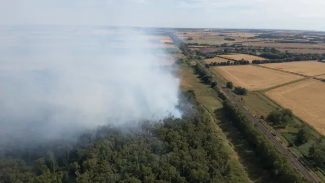 There is a large woodland on the left which is on fire. A large plume of grey smoke fills the left side of the picture. There is a railway line on the right which runs alongside the woodland.
