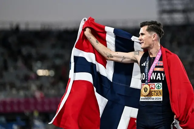 Gold medallist Norway's Jakob Ingebrigtsen celebrates
