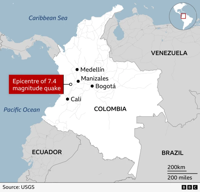 BBC map of South America showing where the quake hit