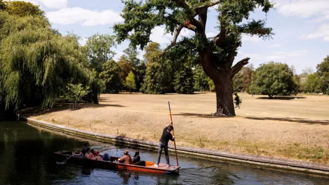 People punting on the River Cam in Cambridge in front of dried out grass