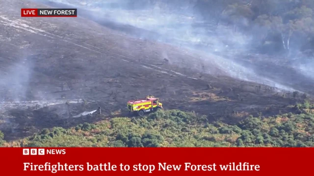 Aerial view of firefighters on scorched ground