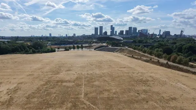 A large brown area of grass is shown, with trees and the city's skyline visible in the distance.