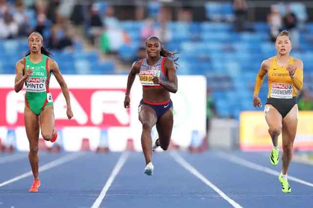Tatjana Pinto of Team Portugal, Dina Asher-Smith of Team Great Britain and Gina Lueckenkemper of Team Germany compete in the Women's 100 Metres Semi-Finals