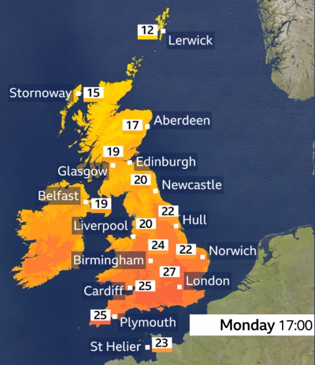A graphic shows temperatures forecast for Monday afternoon with 17 in Aberdeen to 24 in Birmingham and 27 in London