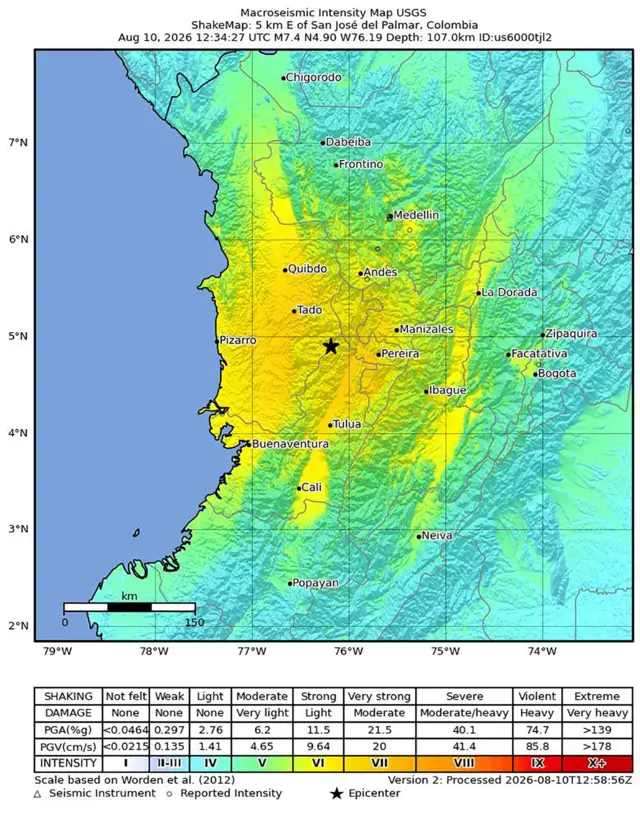 A handout shakemap made available by the United States Geological Survey (USGS) shows the location of a 7.4-magnitude earthquake hitting western Colombia, 10 August 2026. The epicenter of the earthquake was recorded in San Jose del Palmar, Choco department, at a depth of 107 kilometers, the USGS reported. 7.4-magnitude earthquake hits Colombia, San Jose Del Palma