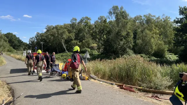 Several firefighters are standing on a road which is situated next to a peatland which consists of several trees and vegetation.