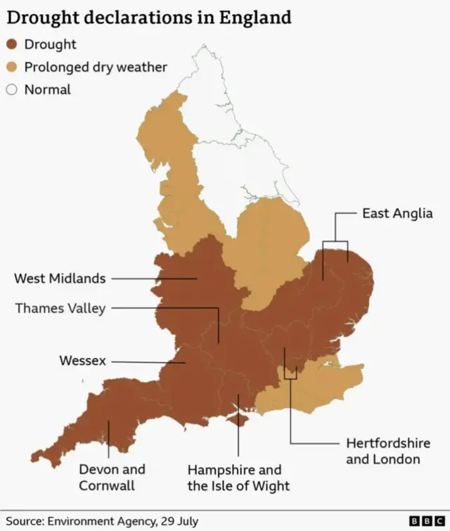 A map of England shows which areas are affected by drought declarations.