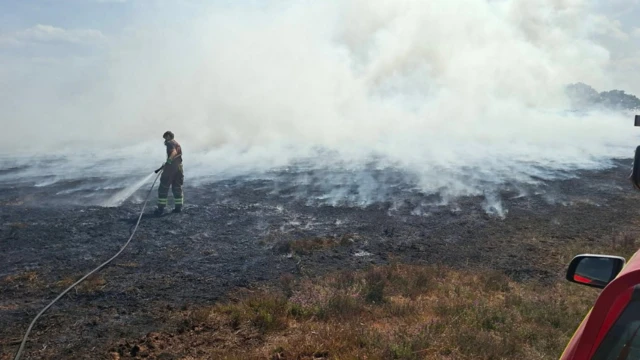 A firefighter tackling a hotspot on a heathland with a hose. There is a lot of smoke.
