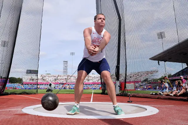 Jake Norris of Team Great Britain competes in Men's Hammer Throw Qualification during day one of the 27th European Athletics Championships at Alexander Stadium on August 10, 2026 in Birmingham, England