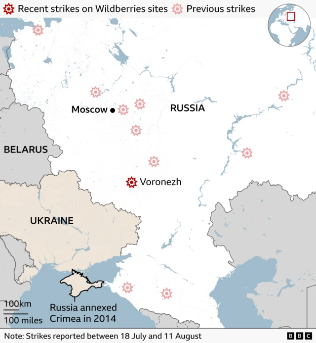 BBC graphic map showing locations of strikes on Wildberries sites